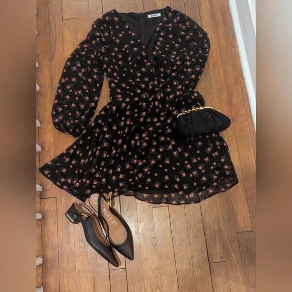 Silk Black Dress with Pink Floral Pattern - Picture 1 of 3